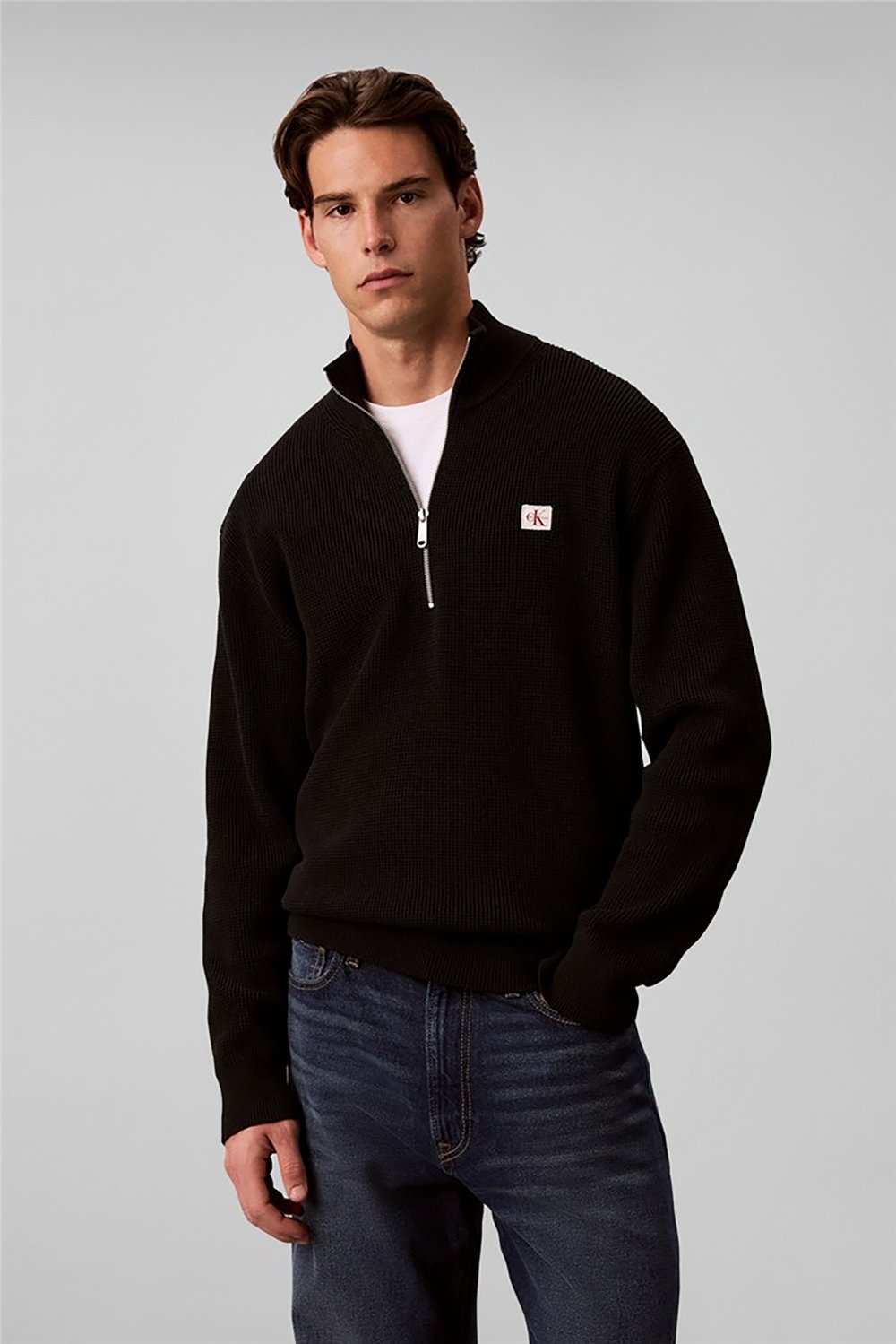 Calvin Klein Ls Clsc Cttn Wfle Qzip Swtr 9Gg Erkek Triko Siyah