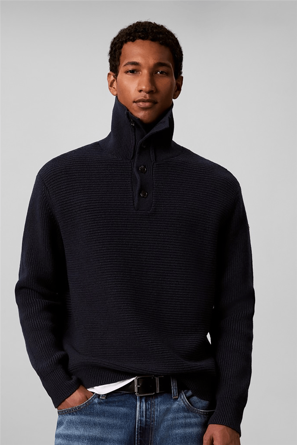 Calvin Klein Ls Ctn Wool Pnl Stitch Pullover Erkek Triko Lacivert