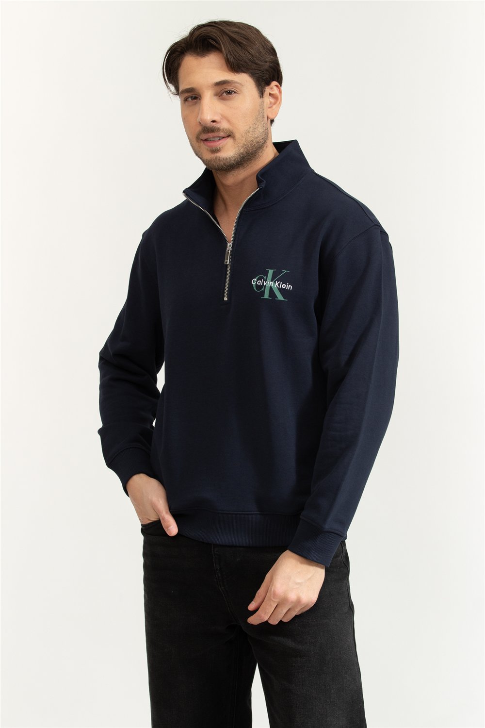 Calvin Klein LS Eu 350Terry Micro Monologo Qt Erkek Fermuarlı Sweatshirt