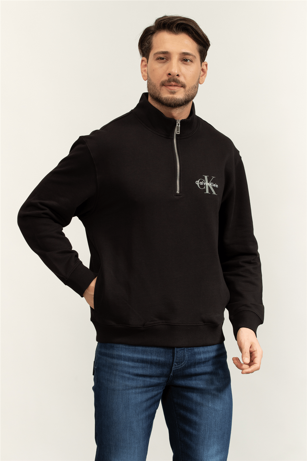 Calvin Klein LS Eu 350Terry Micro Monologo Qt Erkek Fermuarlı Sweatshirt