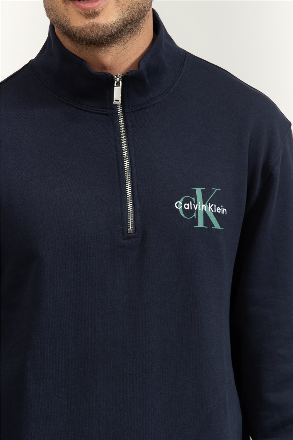 Calvin Klein LS Eu 350Terry Micro Monologo Qt Erkek Fermuarlı Sweatshirt