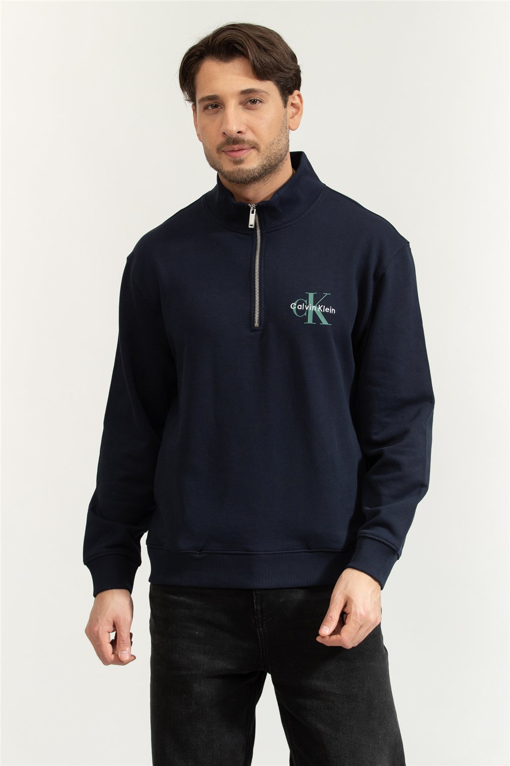 Calvin Klein LS Eu 350Terry Micro Monologo Qt Erkek Fermuarlı Sweatshirt
