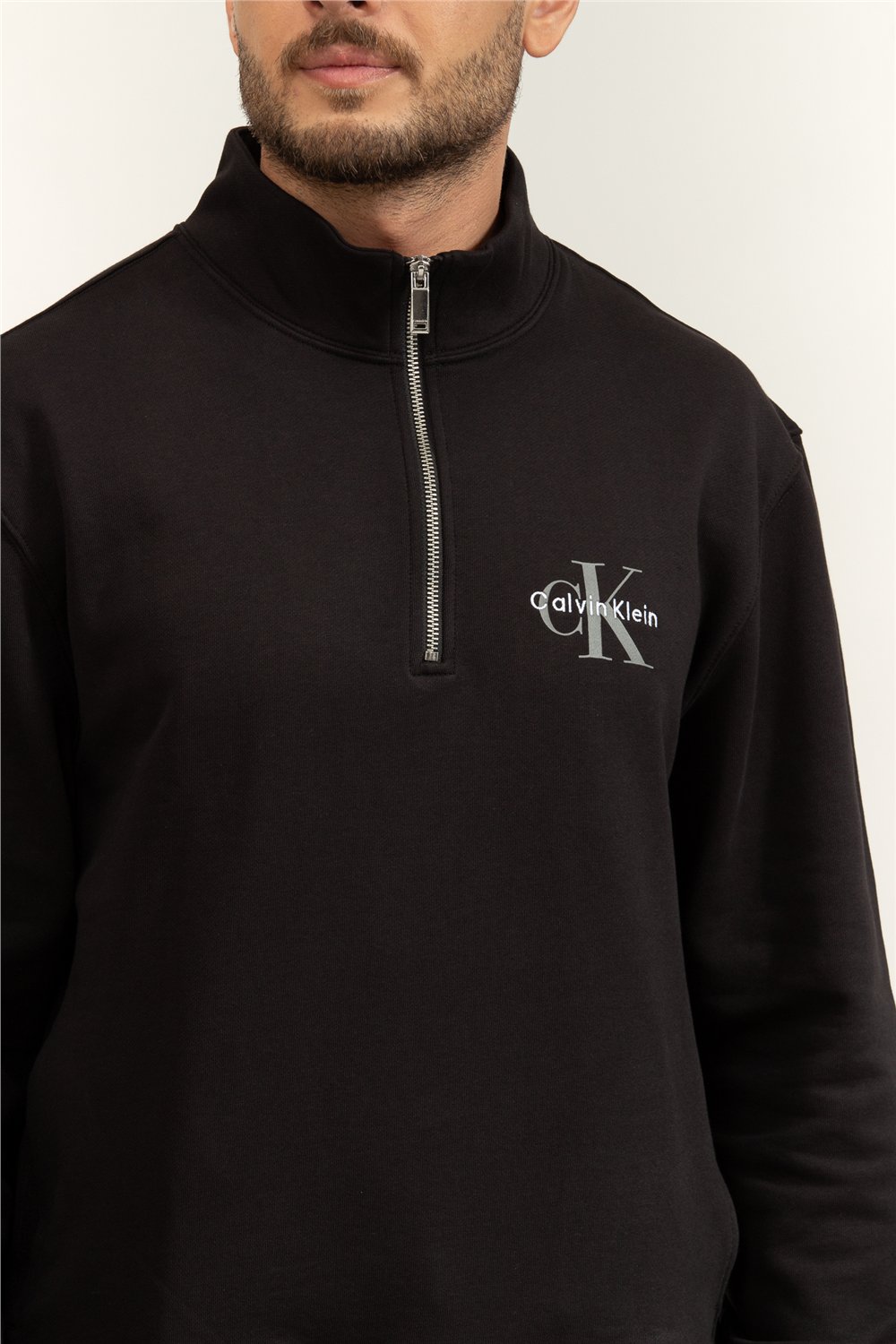 Calvin Klein LS Eu 350Terry Micro Monologo Qt Erkek Fermuarlı Sweatshirt