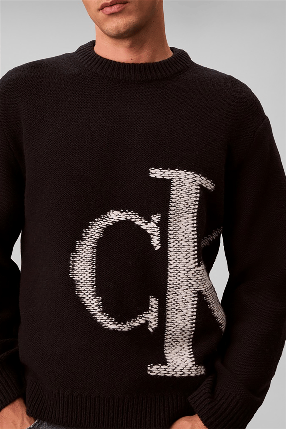 Calvin Klein Ls Lambswool Blend Monogram Crew Erkek Triko Siyah