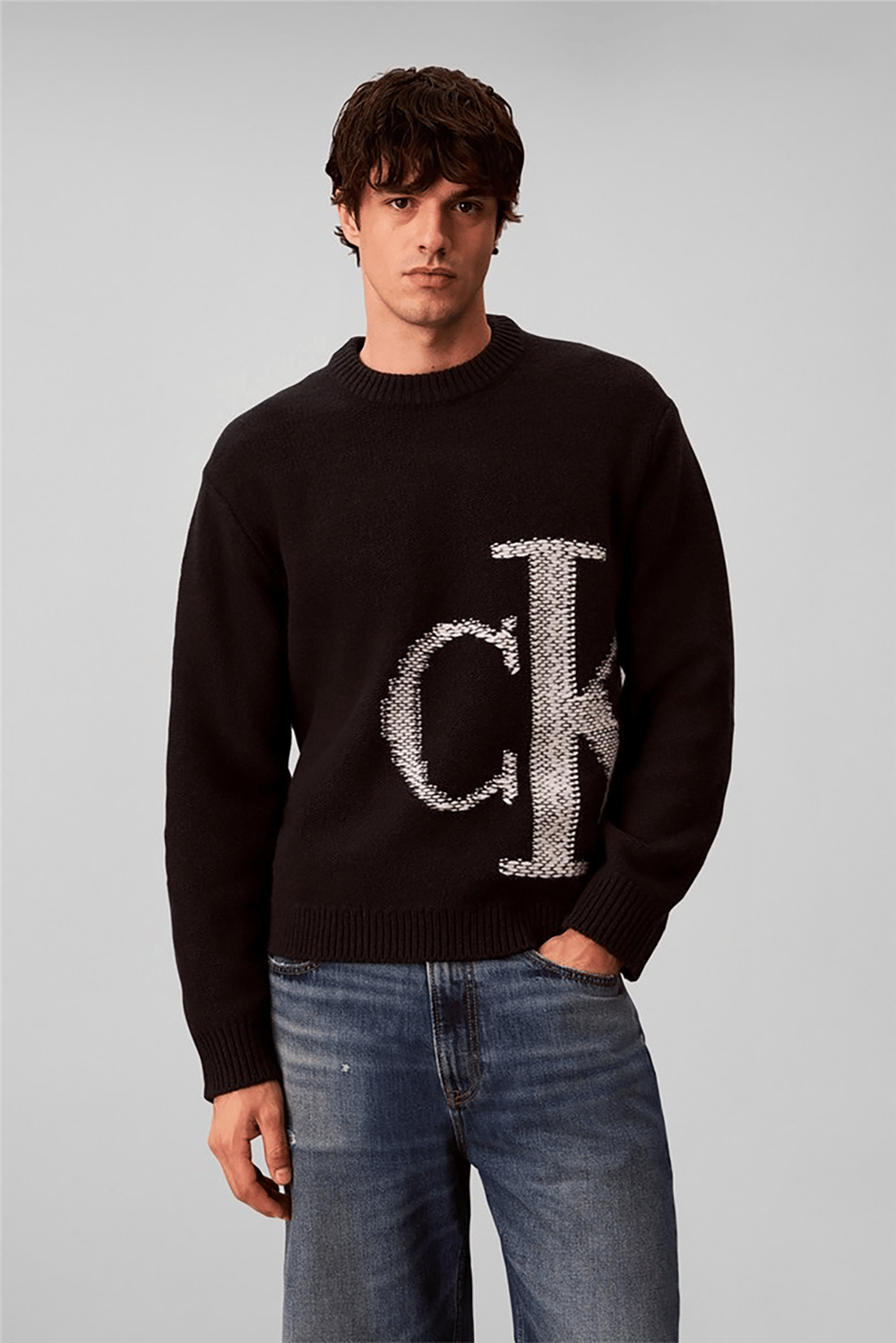 Calvin Klein Ls Lambswool Blend Monogram Crew Erkek Triko Siyah