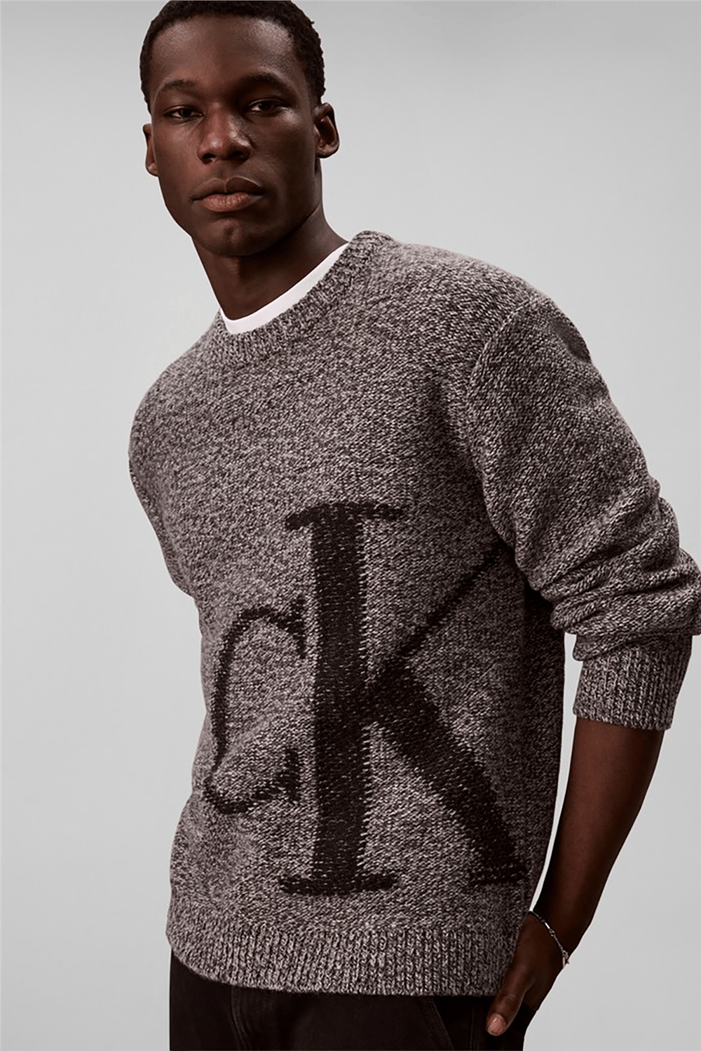 Calvin Klein Ls Lambswool Blend Monogram Crew Erkek Triko Gri