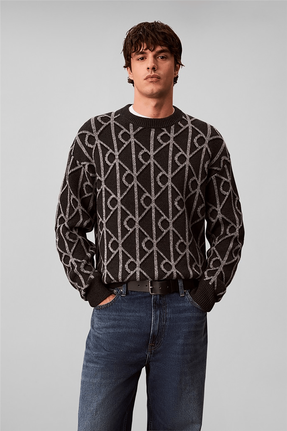 Calvin Klein Ls Merino Blend Emblem Crew 5Gg Erkek Triko Gri