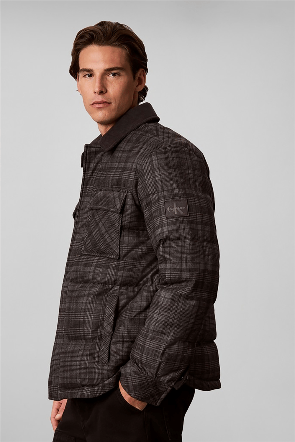 Calvin Klein Ls Printed Plaid Puffer Jkt Erkek Şişme Mont Gri