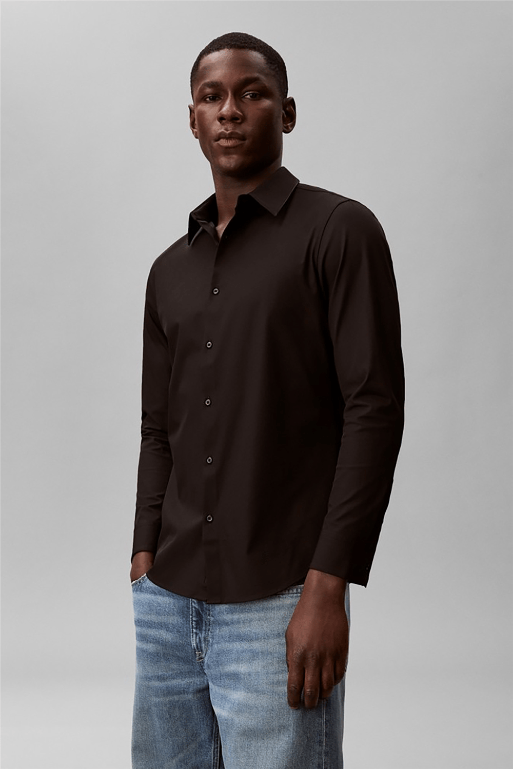 Calvin Klein Ls Solid Tech Stretch Slim Shirt Erkek Gömlek Siyah