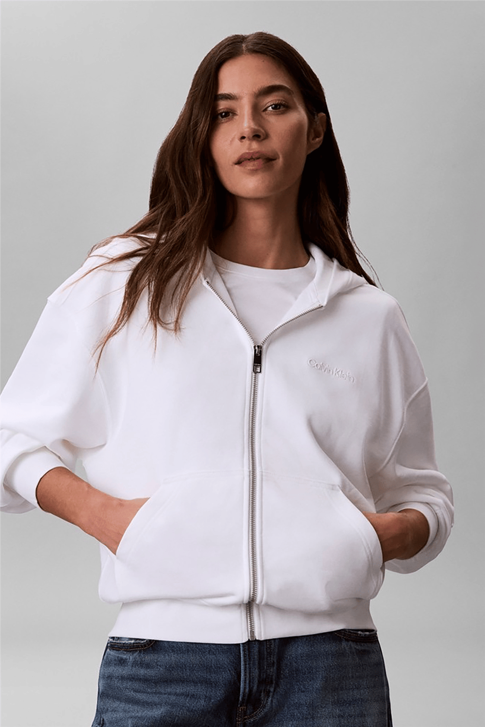 Calvin Klein Ls Terry Standard Logo Fz Hoodie Kadın Kapüşonlu Sweatshirt Beyaz