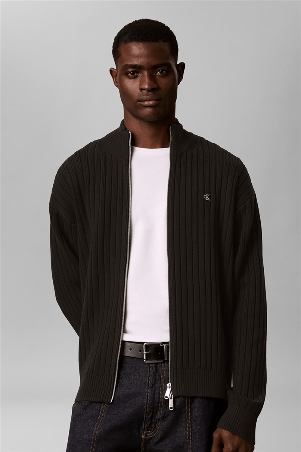 Calvin Klein Ls Vertical Texture Cttn Fz Swtr Erkek Triko Siyah