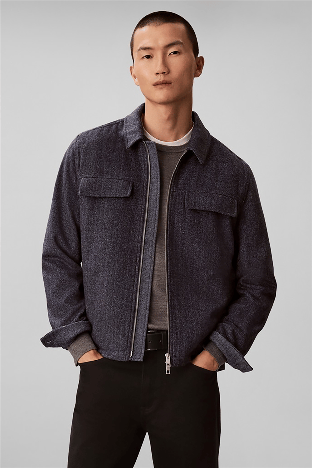 Calvin Klein Ls Wool Herringbone Shirt Jacket Erkek Bomber Mont Mavi
