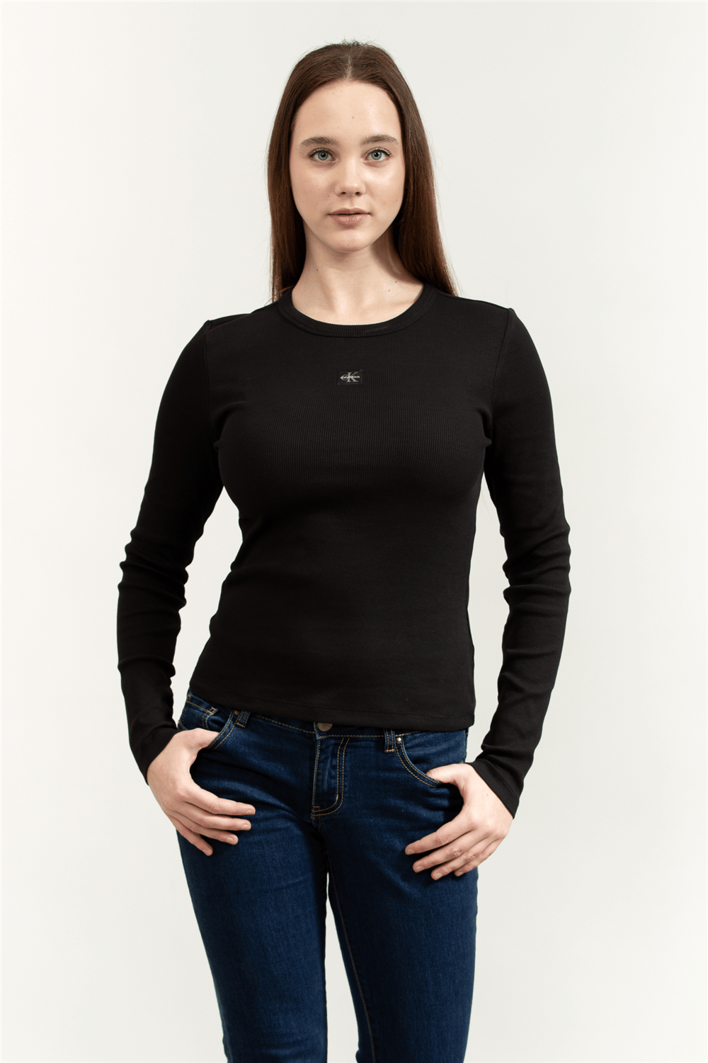 Calvin Klein LS Woven Label 2X2 Rib Crew Top Kadın Bluz