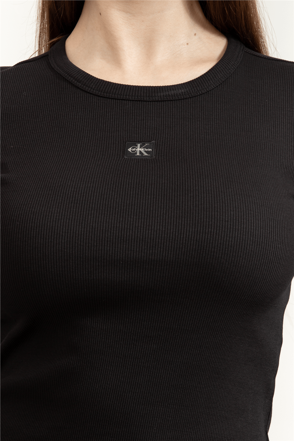 Calvin Klein LS Woven Label 2X2 Rib Crew Top Kadın Bluz
