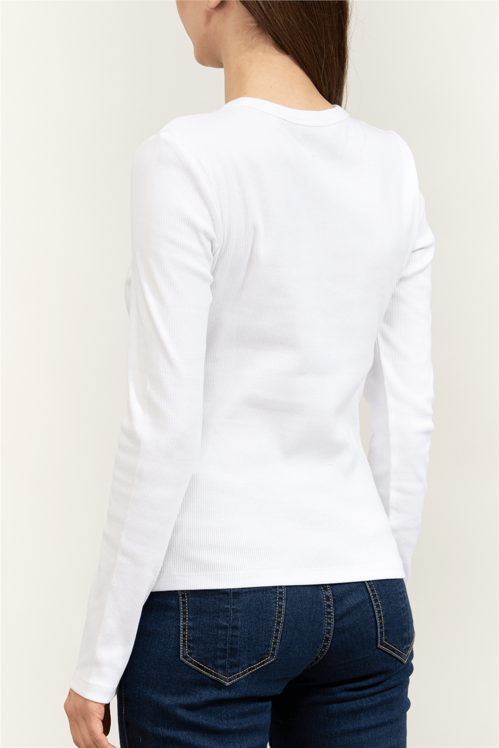 Calvin Klein LS Woven Label 2X2 Rib Crew Top Kadın Bluz