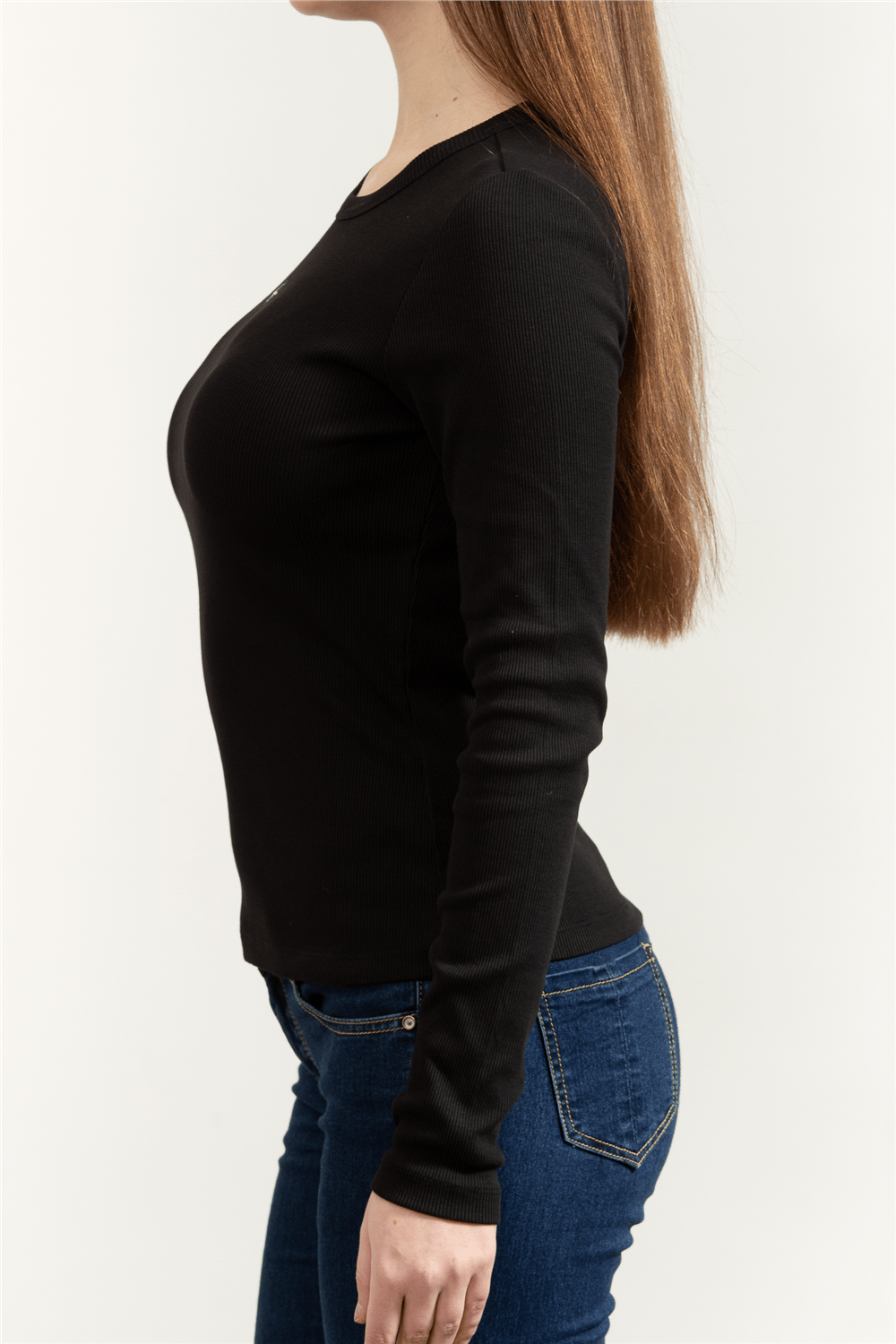 Calvin Klein LS Woven Label 2X2 Rib Crew Top Kadın Bluz