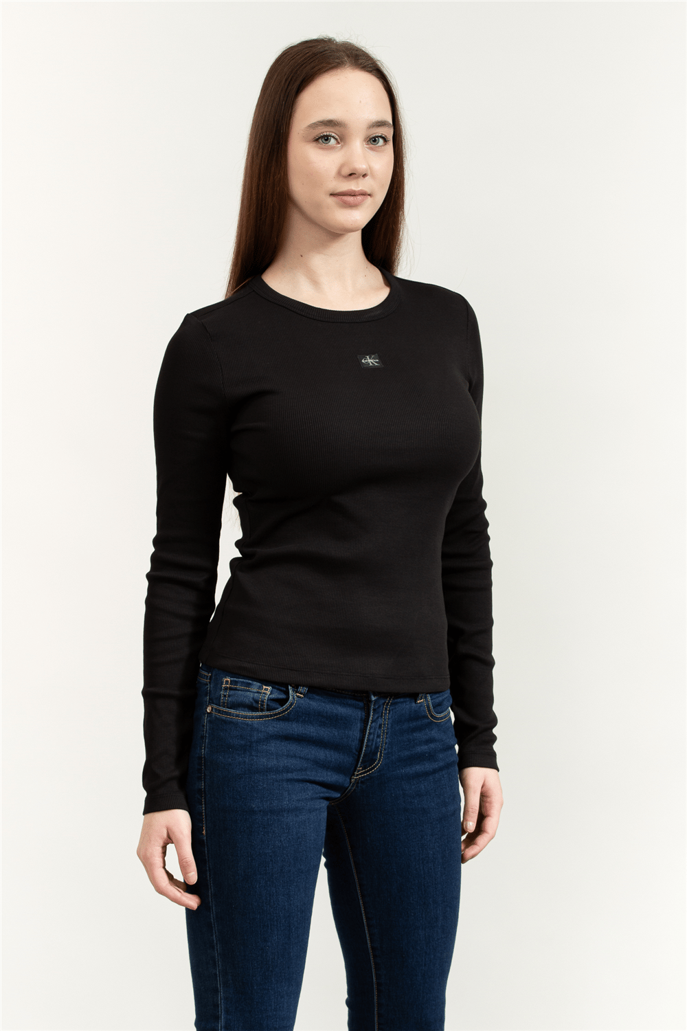 Calvin Klein LS Woven Label 2X2 Rib Crew Top Kadın Bluz