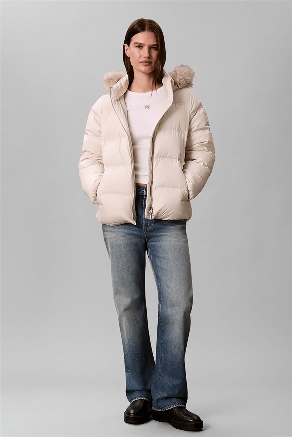 Calvin Klein Matte Mw Belted Short Puffer Wit Kadın Şişme Mont Beyaz