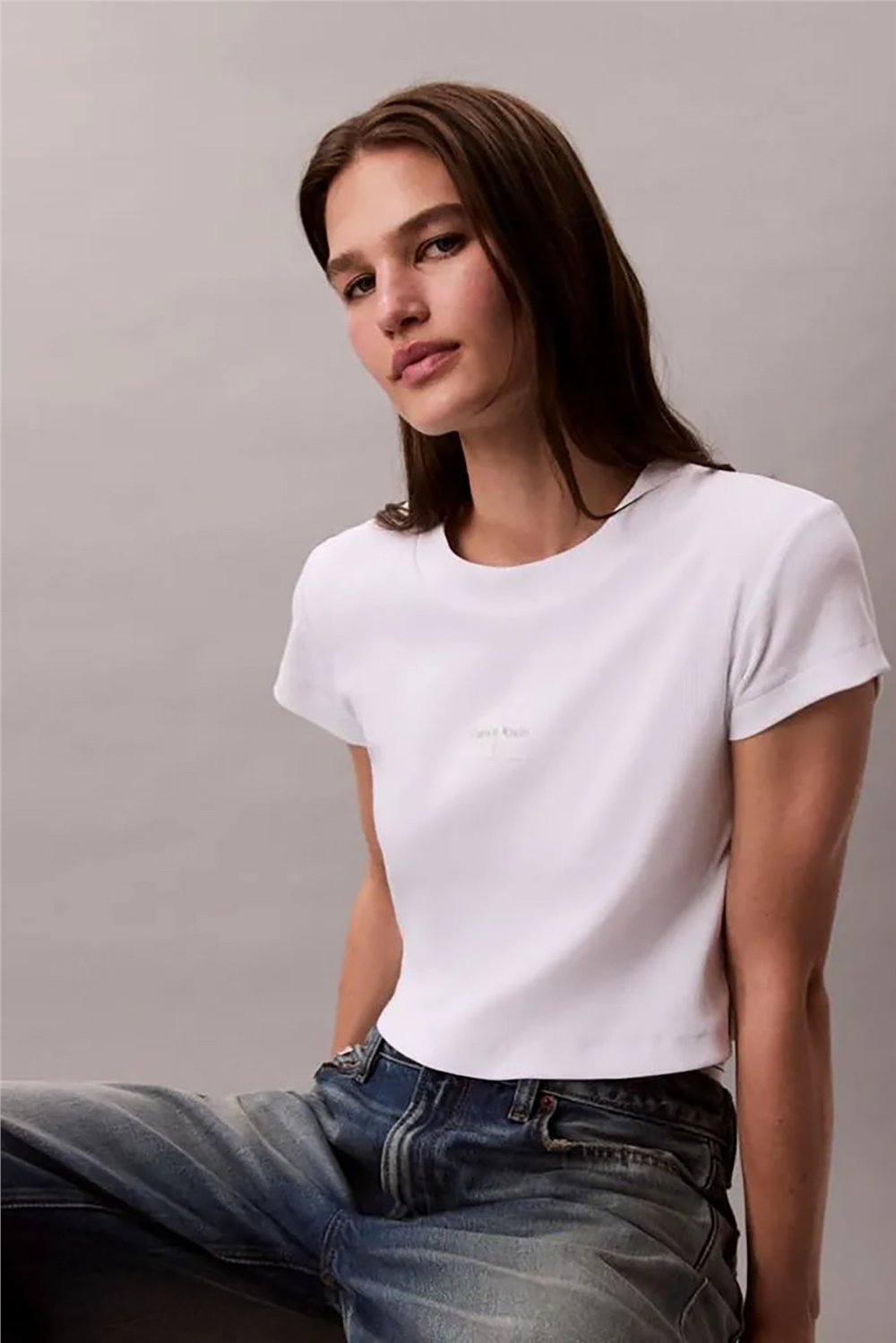 Calvin Klein Monologo Baby Rib Tee Kadın Bisiklet Yaka T-Shirt Beyaz