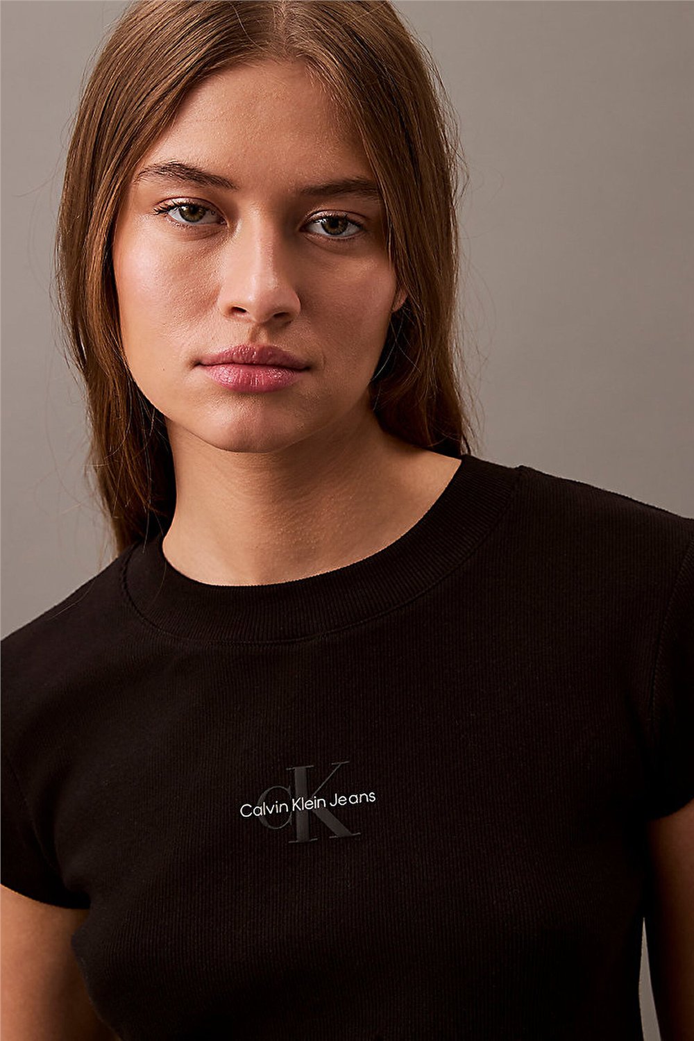 Calvin Klein Monologo Baby Rib Tee Kadın Bisiklet Yaka T-Shirt Siyah