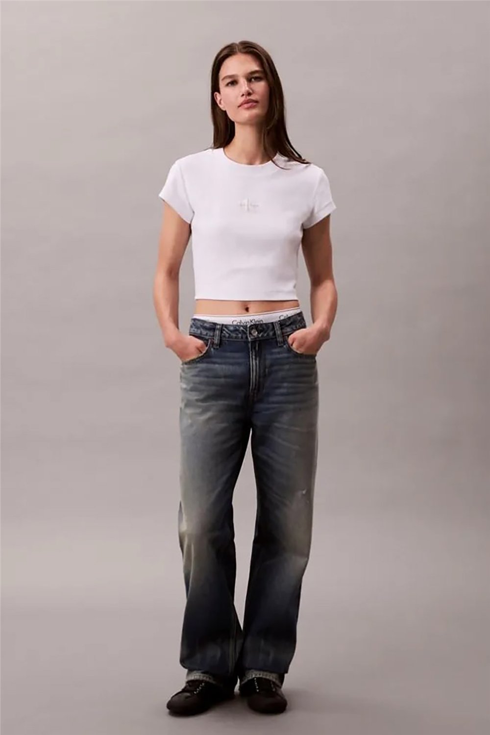 Calvin Klein Monologo Baby Rib Tee Kadın Bisiklet Yaka T-Shirt Beyaz