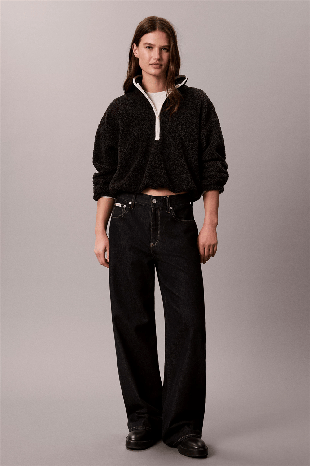 Calvin Klein Sherpa 1/4 Zip Contrast Kadın Mont Siyah