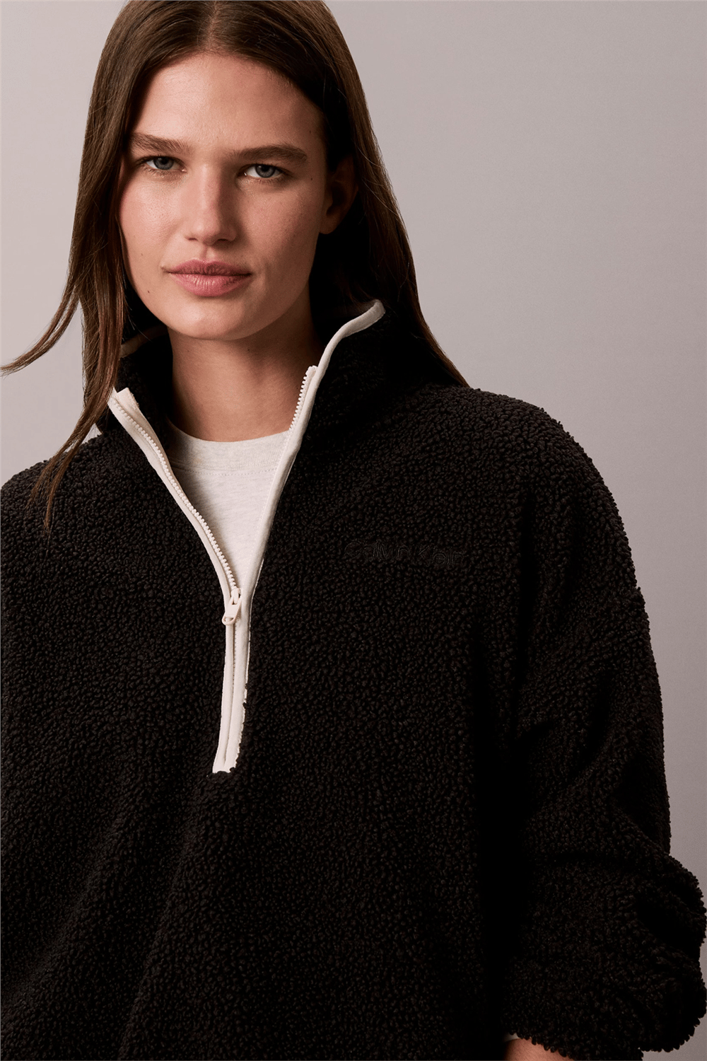 Calvin Klein Sherpa 1/4 Zip Contrast Kadın Mont Siyah