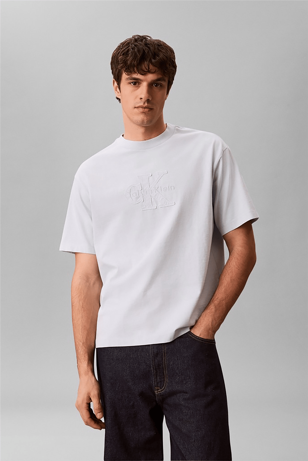 Calvin Klein Ss 16S Linen Applique Monologo T Erkek Bisiklet Yaka T-Shirt Mavi