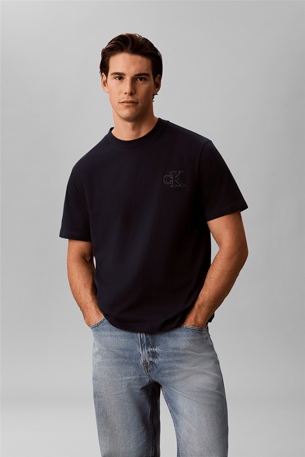Calvin Klein Ss 30S Jersey Easy Monogram Puff Erkek Bisiklet Yaka T-Shirt Lacivert
