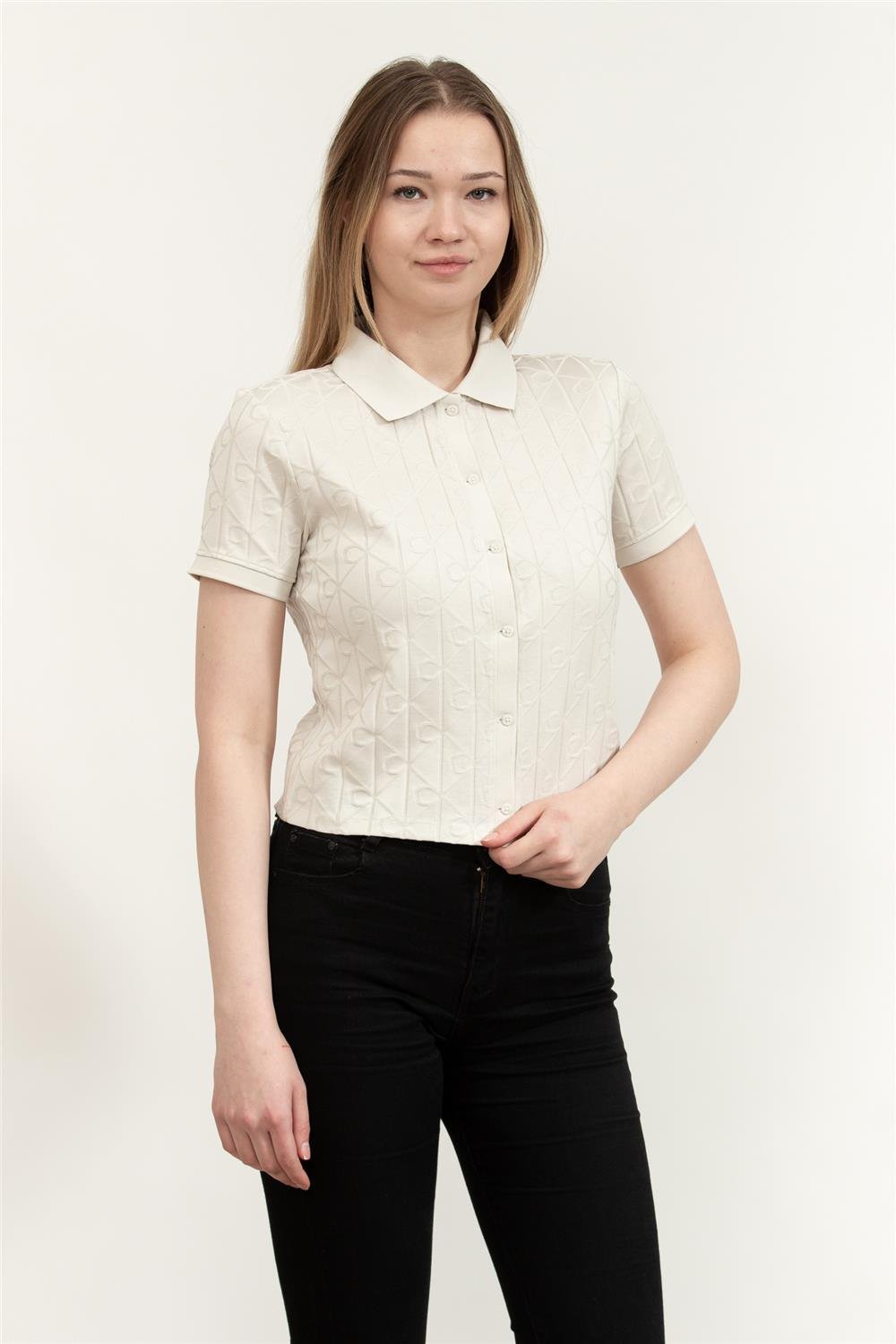 Calvin Klein Ss Aop Jacquard Kadın Polo Yaka T-Shirt