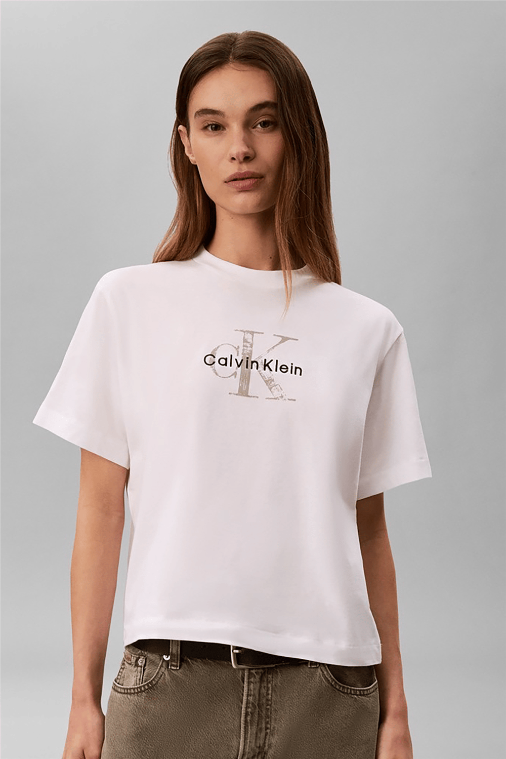 Calvin Klein Ss Boxy Hand Drawn Monologo Tee Kadın Bisiklet Yaka T-Shirt Beyaz