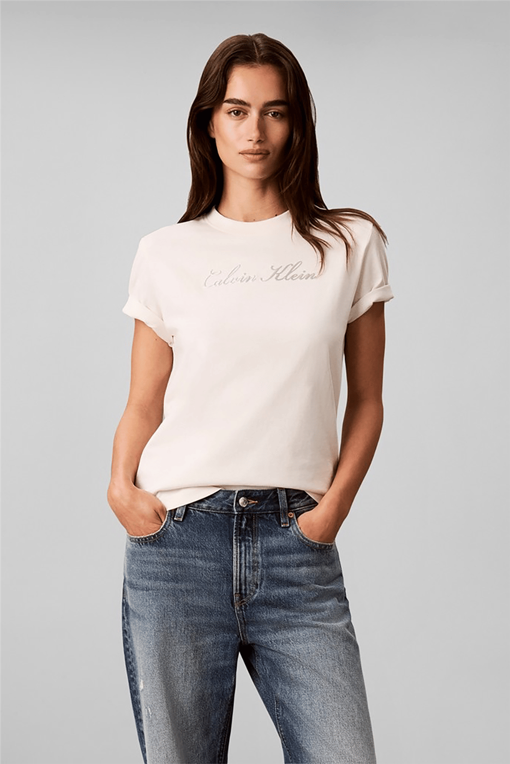 Calvin Klein Ss Classic Script Logo Tee Kadın Bisiklet Yaka T-Shirt Beyaz
