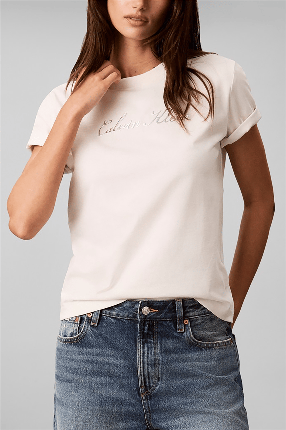 Calvin Klein Ss Classic Script Logo Tee Kadın Bisiklet Yaka T-Shirt Beyaz