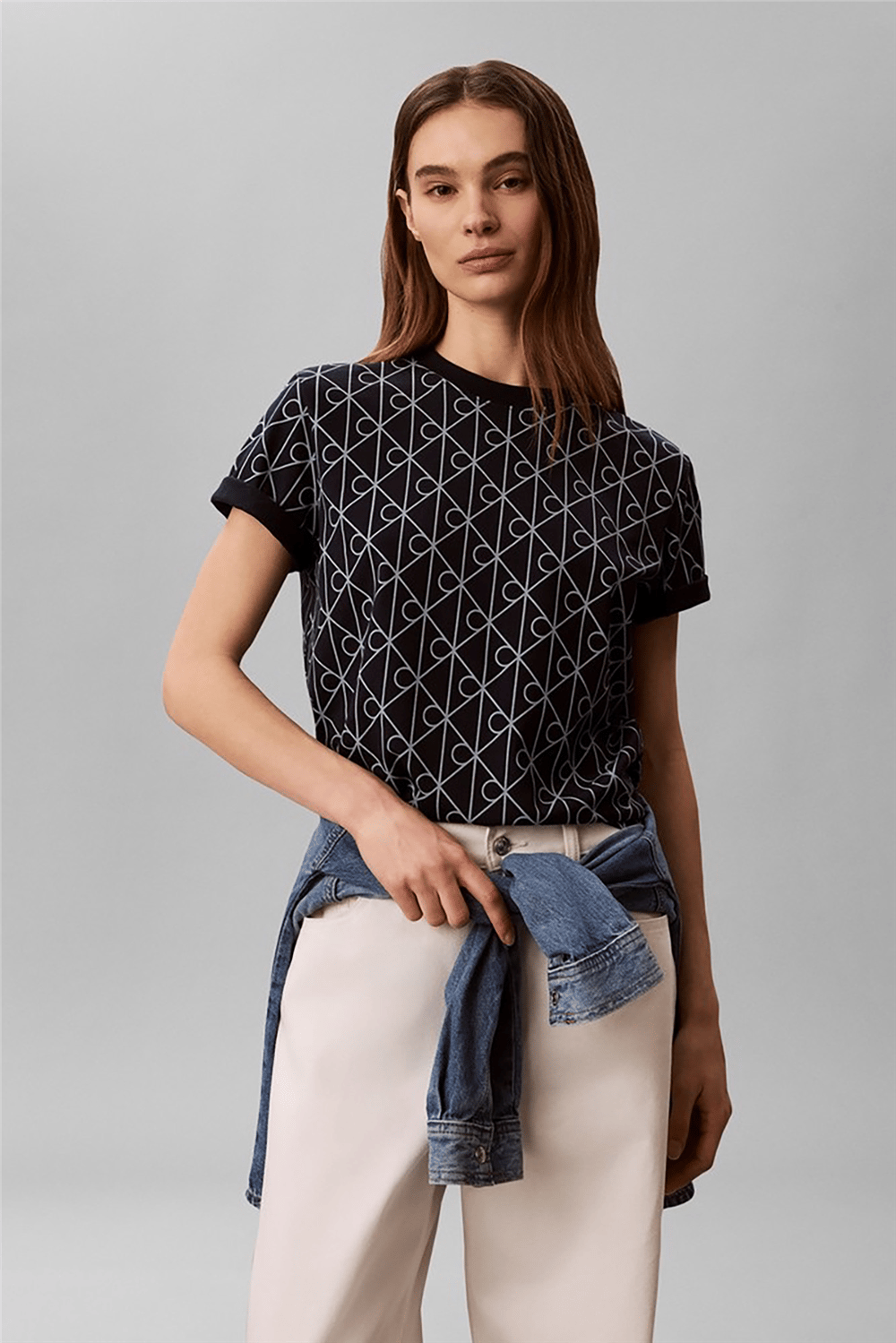 Calvin Klein Ss Classic Seasonal Aop Tee Kadın Bisiklet Yaka T-Shirt Lacivert
