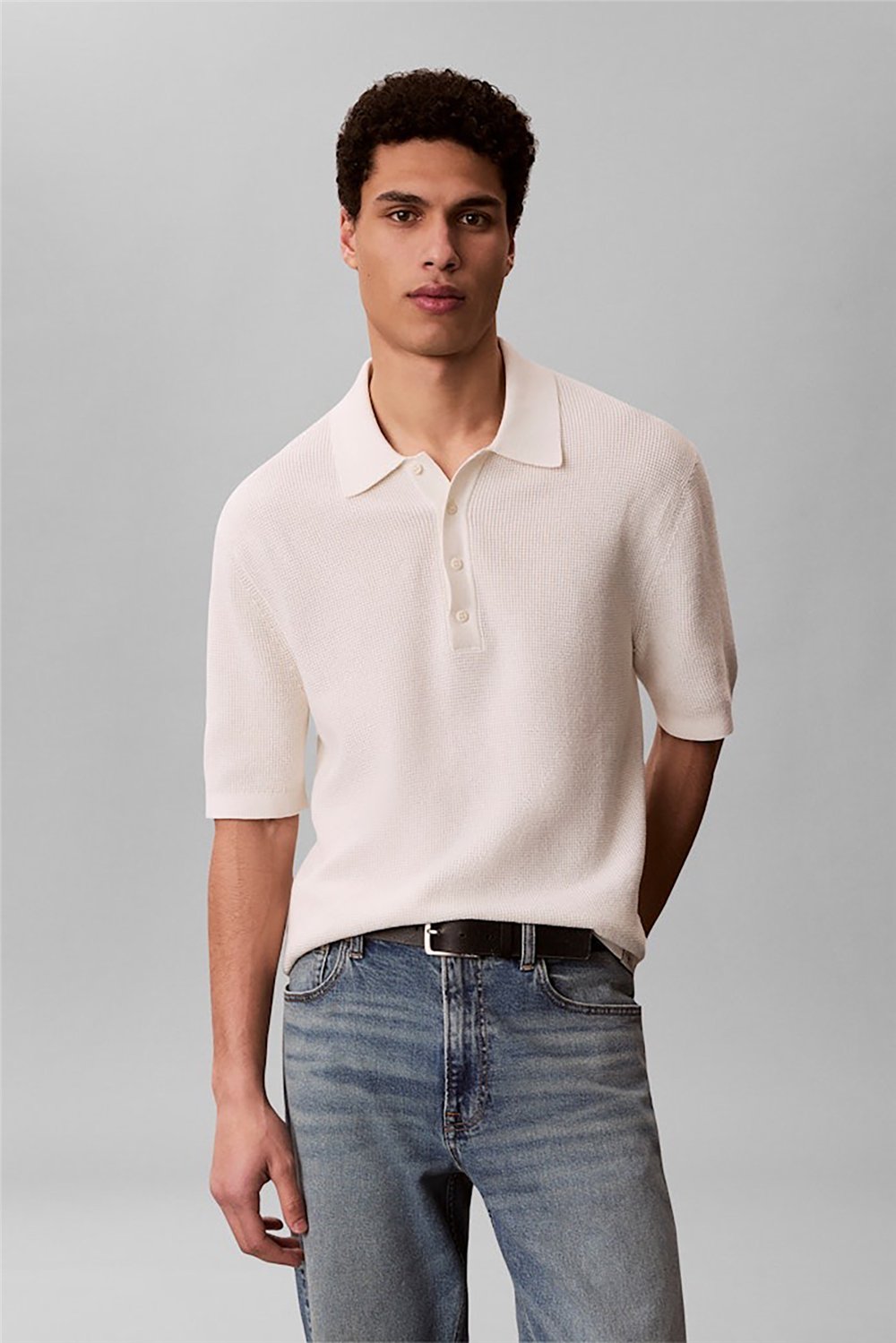 Calvin Klein Ss Cotton Waffle Polo Collarswtr Erkek Triko Beyaz