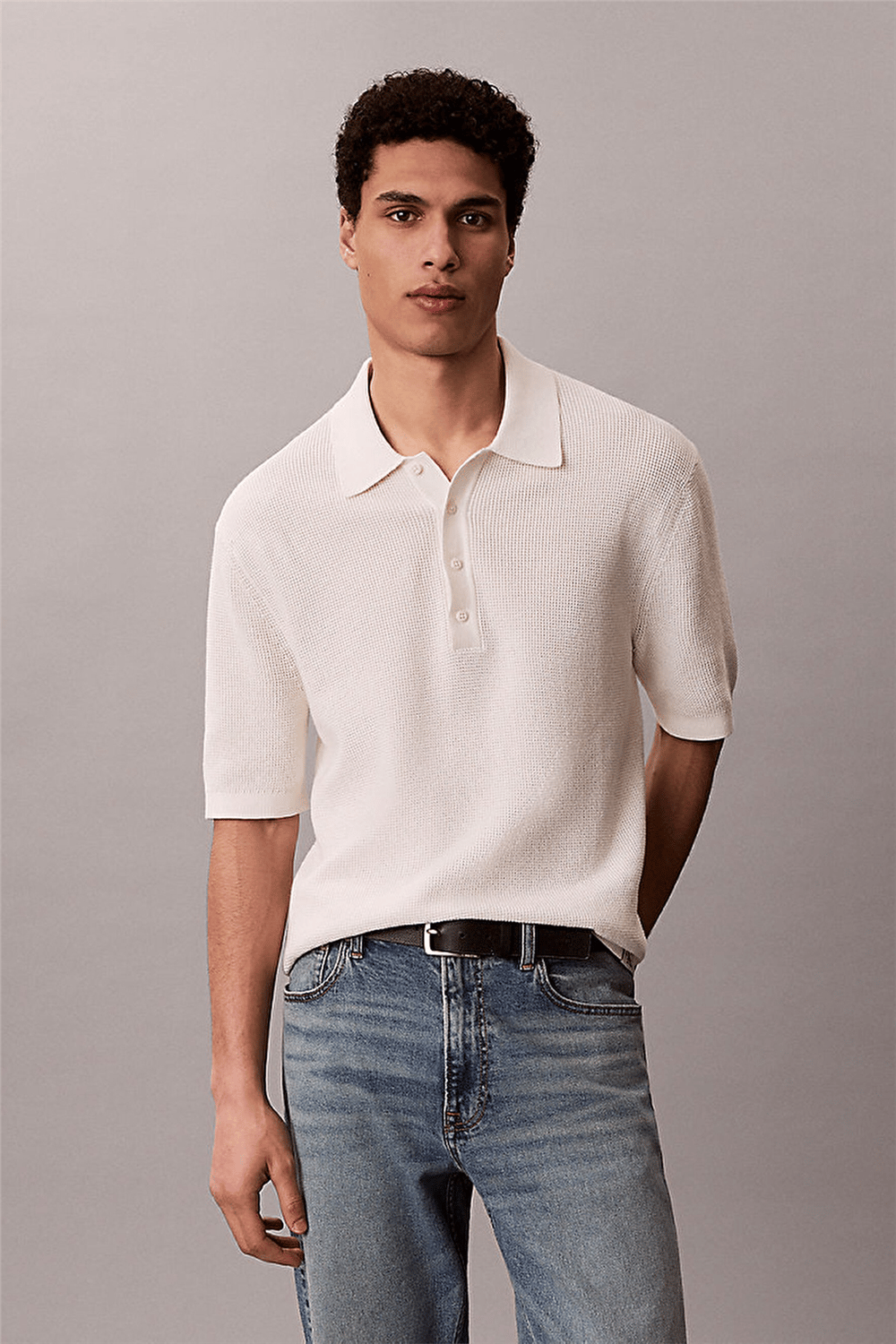 Calvin Klein Ss Cotton Waffle Polo Collarswtr Erkek Triko Beyaz