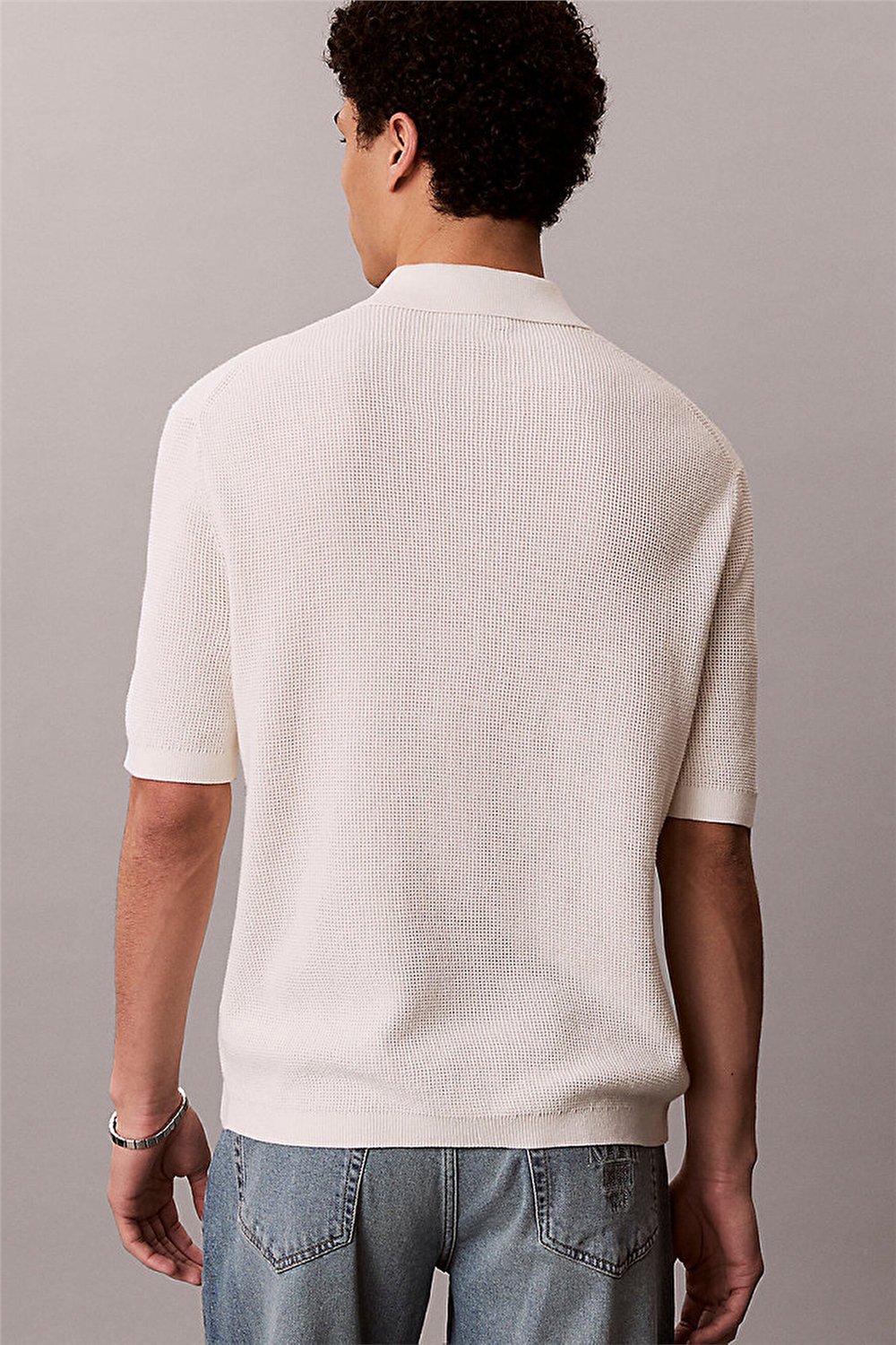 Calvin Klein Ss Cotton Waffle Polo Collarswtr Erkek Triko Beyaz