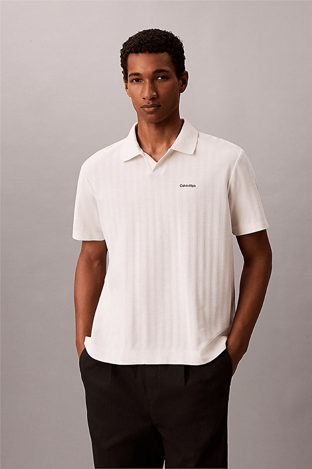 Calvin Klein Ss Easy Vertical Stripe Textured Erkek Polo Yaka Triko Beyaz