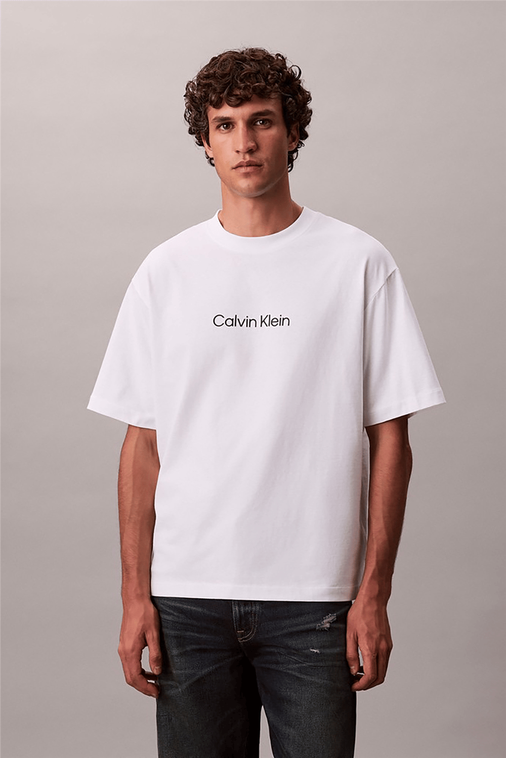 Calvin Klein Ss Rlxd 16S Std Logo Crewnk Tee Erkek Bisiklet Yaka T-Shirt Beyaz