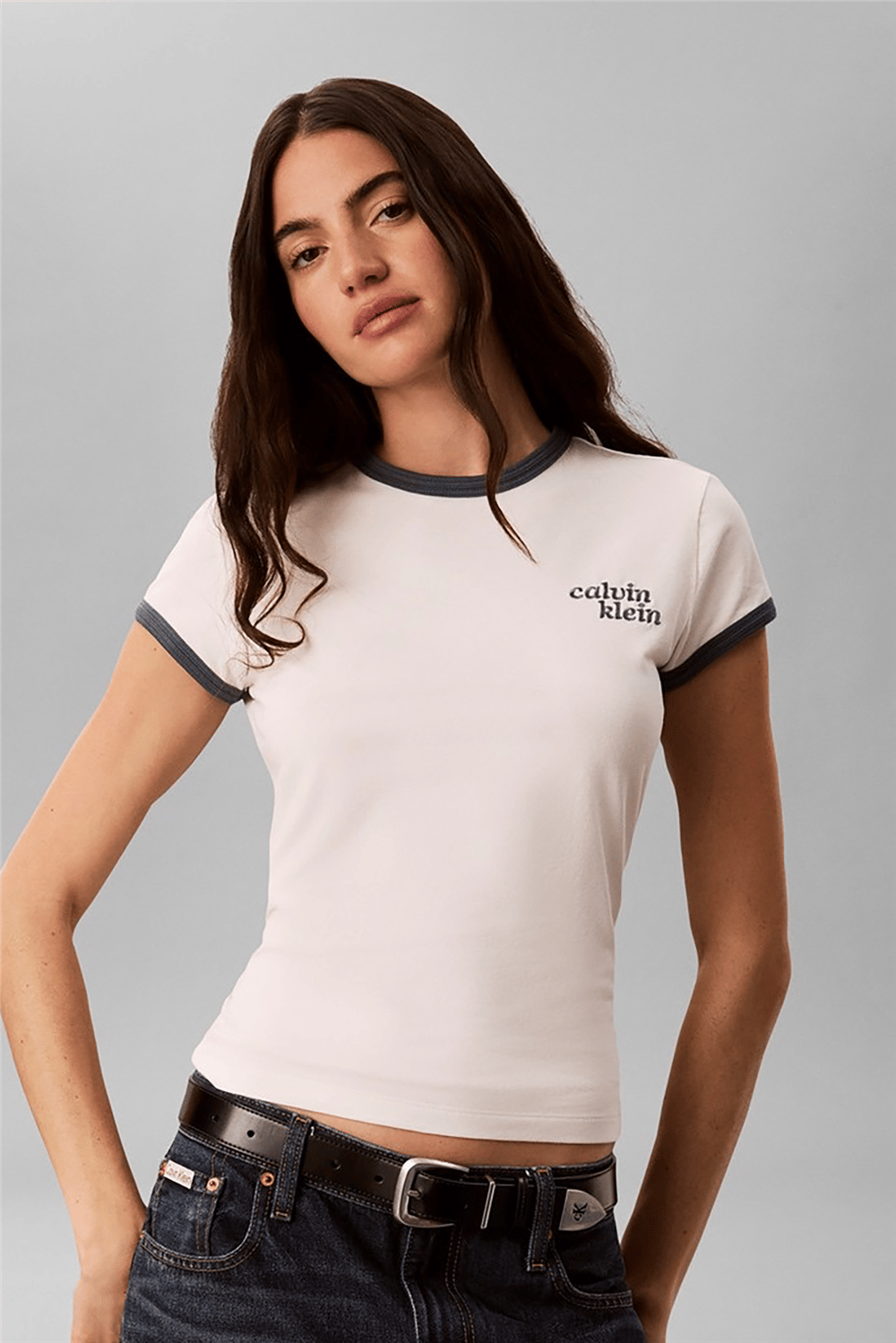 Calvin Klein Ss Slim Logo Ringer Tee Kadın Bisiklet Yaka T-Shirt Beyaz