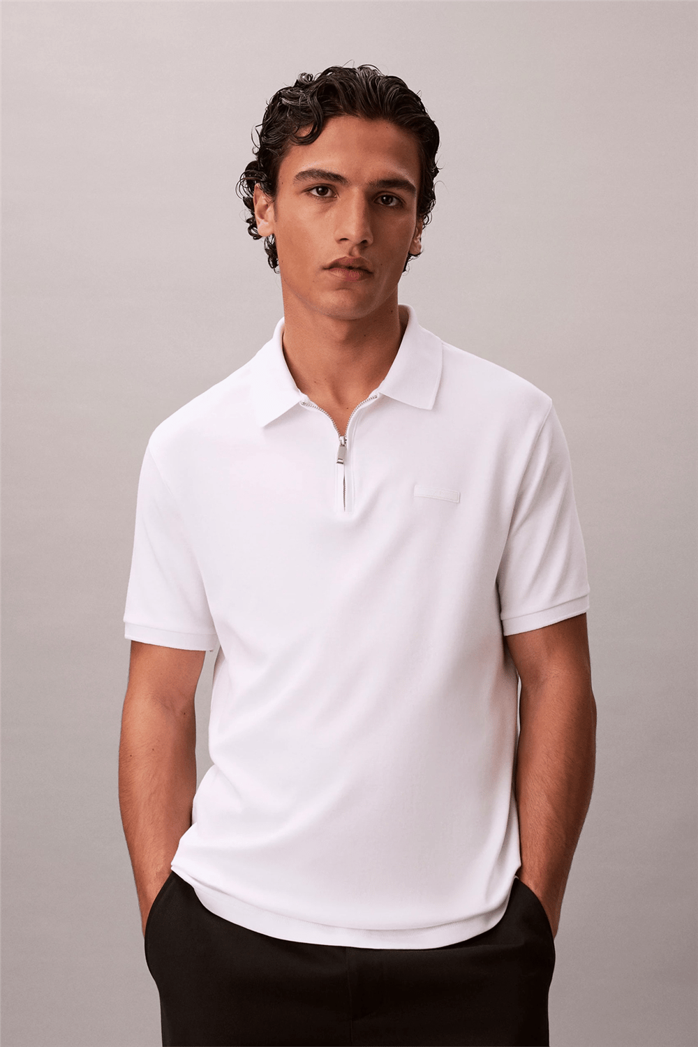 Calvin Klein SS Slim Supima Zip Polo Erkek Polo Yaka T-Shirt Beyaz