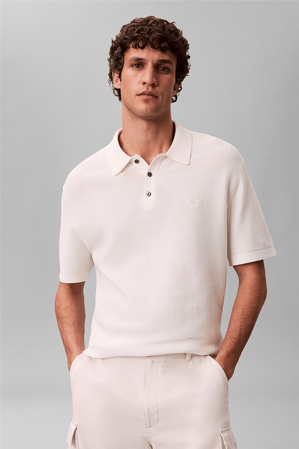 Calvin Klein Ss Txtrd Cttn Polo Swtr 12Gg Erkek Triko Beyaz