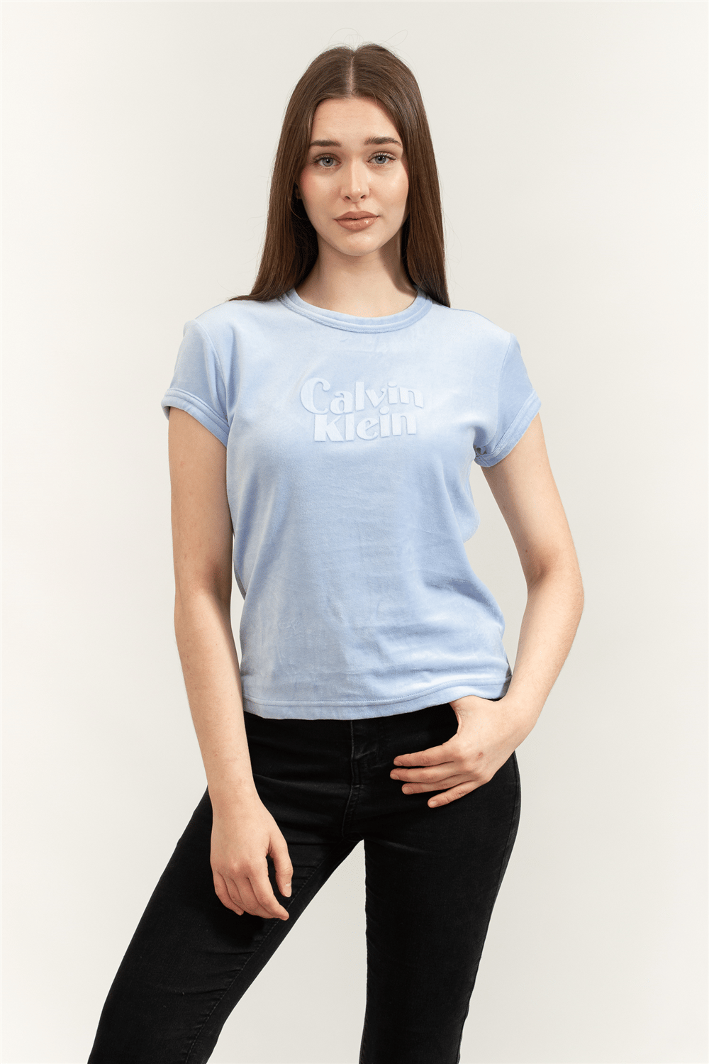 Calvin Klein SS Velour Logo Tee Kadın Bisiklet Yaka T-Shirt