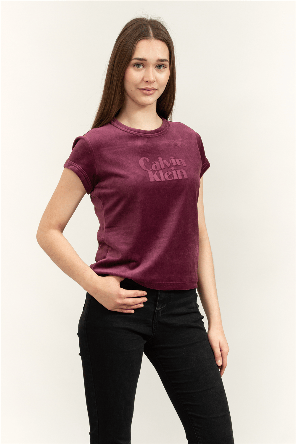 Calvin Klein SS Velour Logo Tee Kadın Bisiklet Yaka T-Shirt