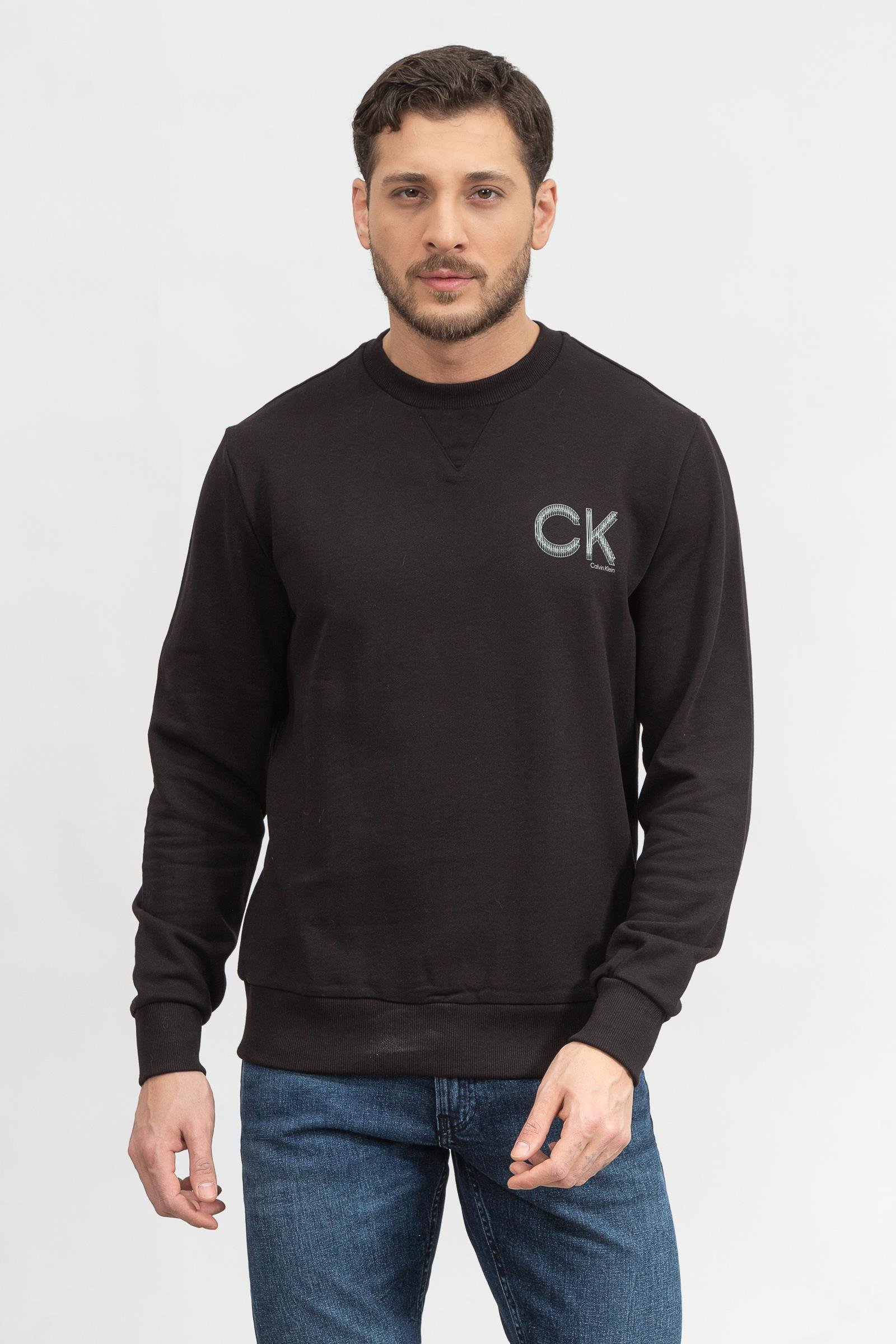 Calvin Klein Striped Chest Logo Erkek Bisiklet Yaka Sweatshirt