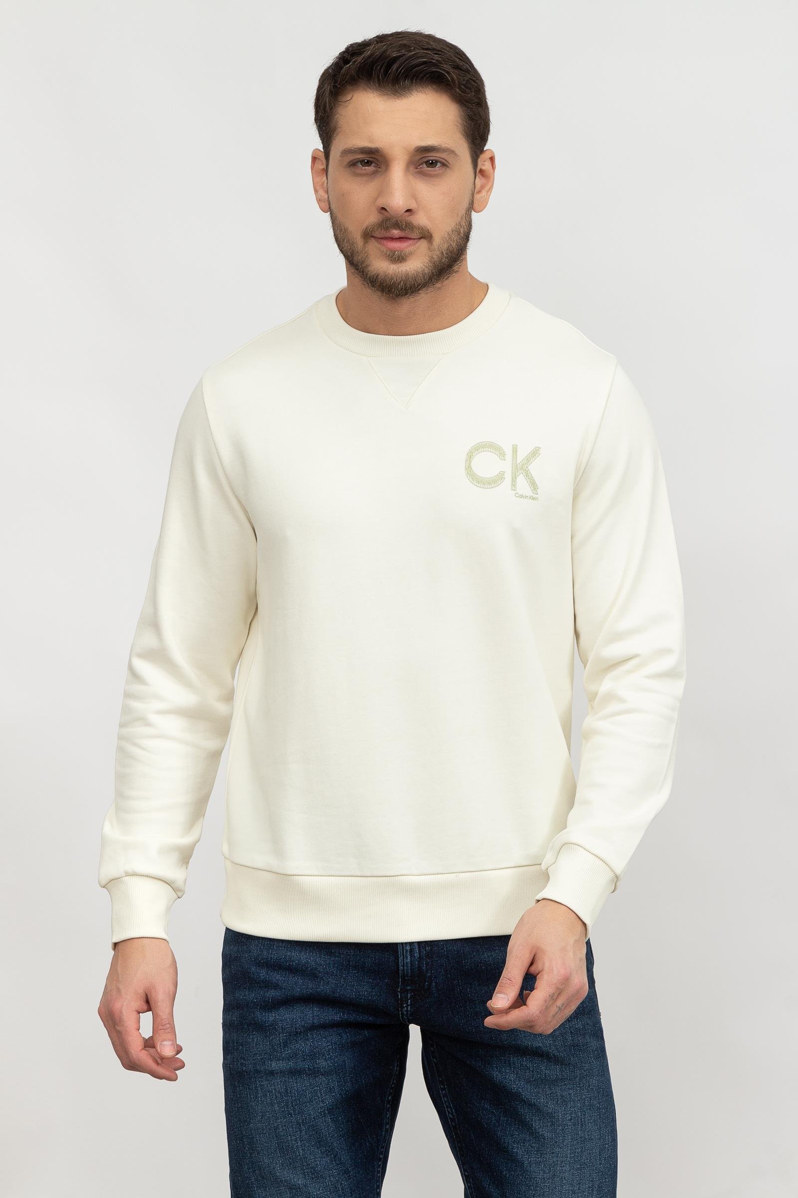 Calvin Klein Striped Chest Logo Erkek Bisiklet Yaka Sweatshirt