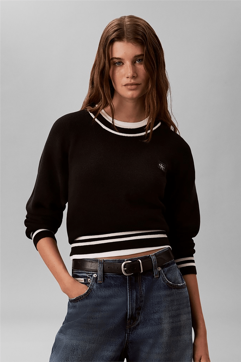 Calvin Klein Woven Label Crewneck Sweater Kadın Triko Siyah