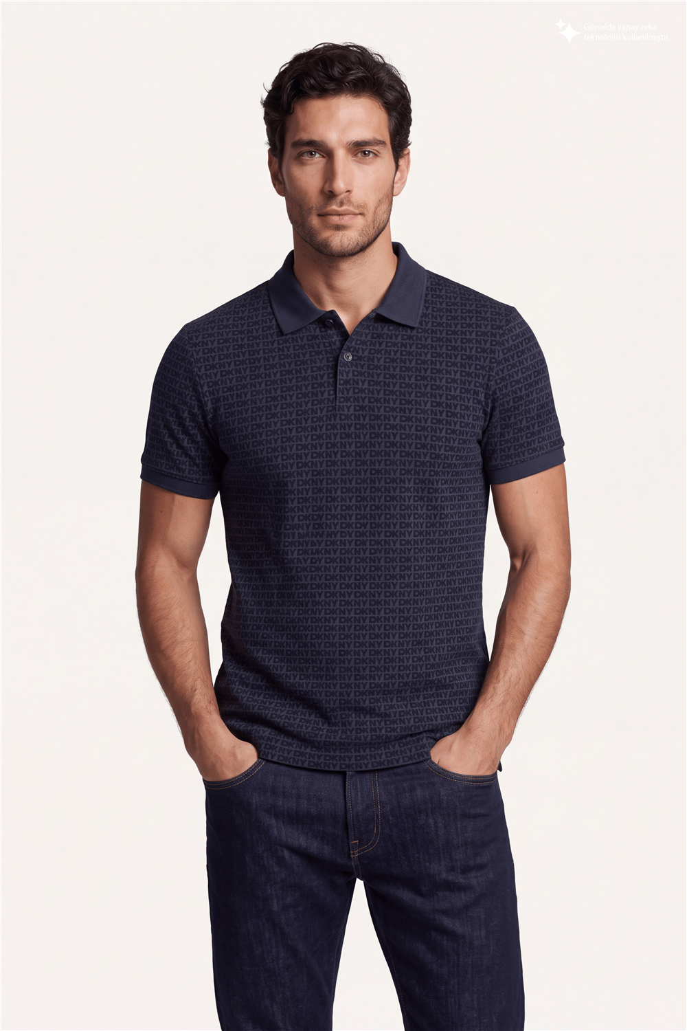 DKNY Allover Jacquard Polo Erkek Polo Yaka T-Shirt Lacivert