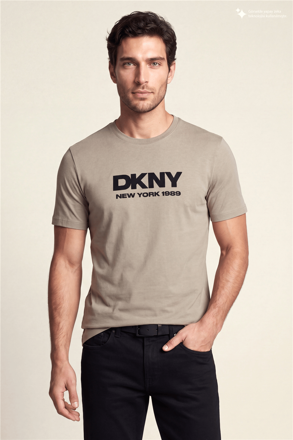DKNY Flok Logo Tee Erkek Bisiklet Yaka T-Shirt Vizon