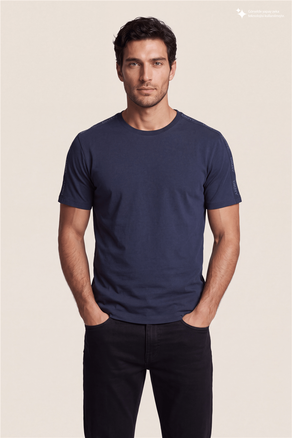 DKNY Jacquard Print Tee Erkek Bisiklet Yaka T-Shirt Lacivert